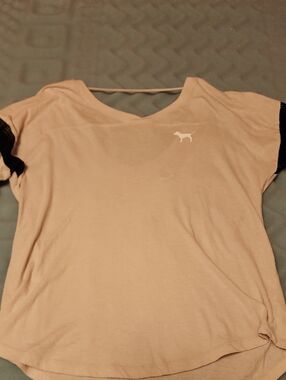PINK Victoria's Secret Light Pink V-Neck Short Sleeve Tee with Logo